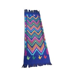 Guatemalan Woven Table Runner Blue Colorful Birds Vibrant Wall Hanging